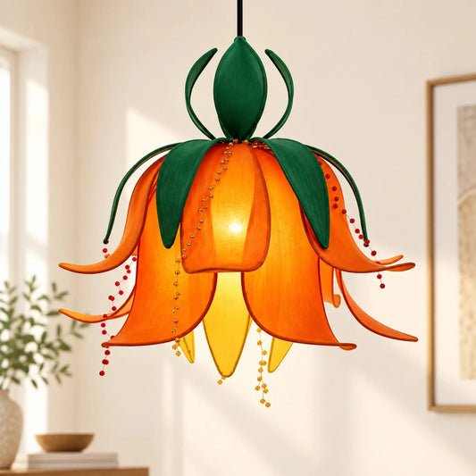 Fabric Leaf Pendant Light with Layered Orange Petals, Green Leaves, and Decorative Beaded Details | ILLUMEA