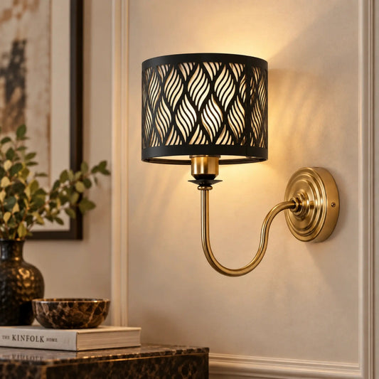 Fabric Shade Wall Lighting with Black Patterned Drum Shade and Brass Curved Arm for Luxury Home Interiors – ILLUMEA