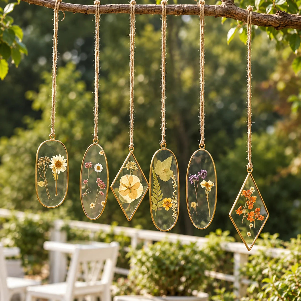 Elegant Pressed Flower Suncatcher Pendant featuring delicate dried botanicals and a handcrafted brass frame for window décor – ILLUMEA