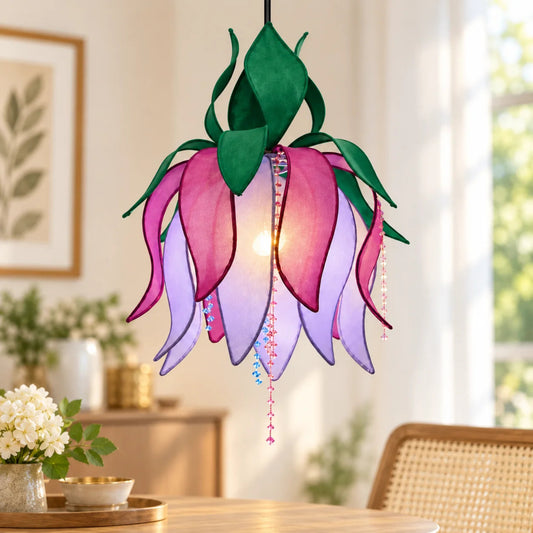 Purple Lotus Pendant Light with layered floral petals and green leaves for elegant home décor – ILLUMEA