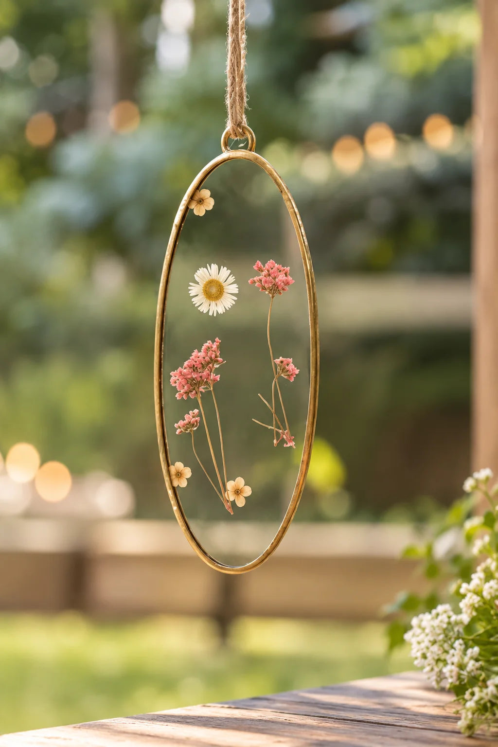 Handmade Flower Suncatcher Pendant with pressed dried flowers inside a decorative glass frame for natural home décor – ILLUMEA