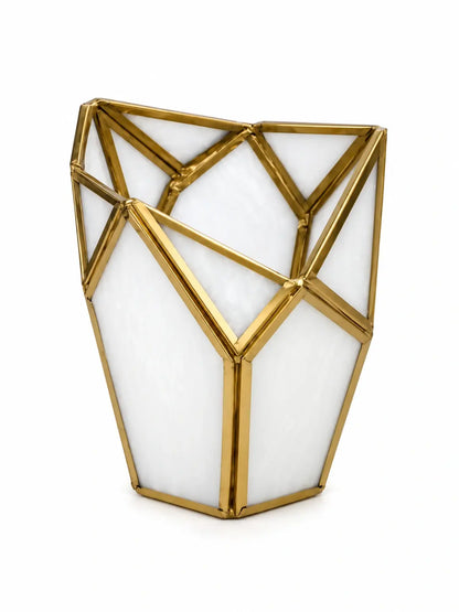 Geometric Tealight Candle Holder – ILLUMEA sophisticated geometric lantern featuring warm gold brass framing and milky glass panels, ideal for dining tables, living rooms and festive décor