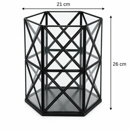 Modern black metal hurricane candle holder with geometric lattice design