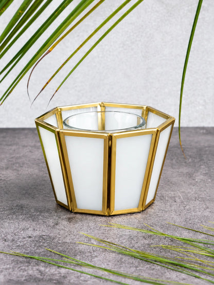 Luxury Geometric White Glass Tealight Holder – ILLUMEA decorative candle lantern designed with diamond-inspired geometric brass framing and translucent white natural glass panels