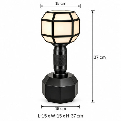 Luxury black geometric table lamp with frosted shade by ILLUMEA for bedrooms, living rooms, bedside tables and consoles