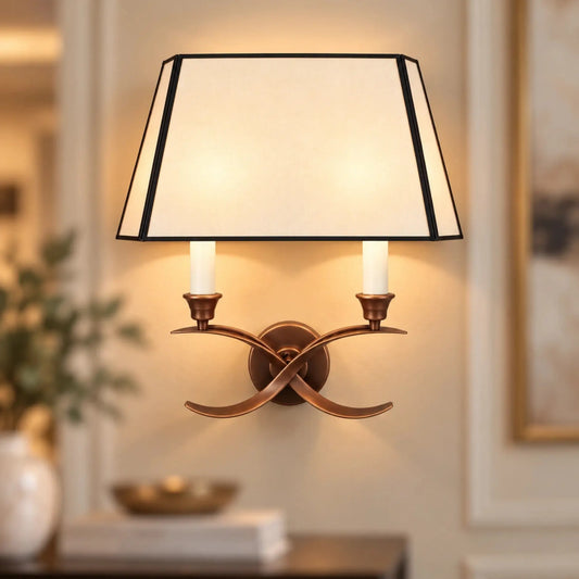 Glass Shade Wall Lamp with Double Candle-Style Arms and Antique Brass Finish for Luxury Home Interiors – ILLUMEA