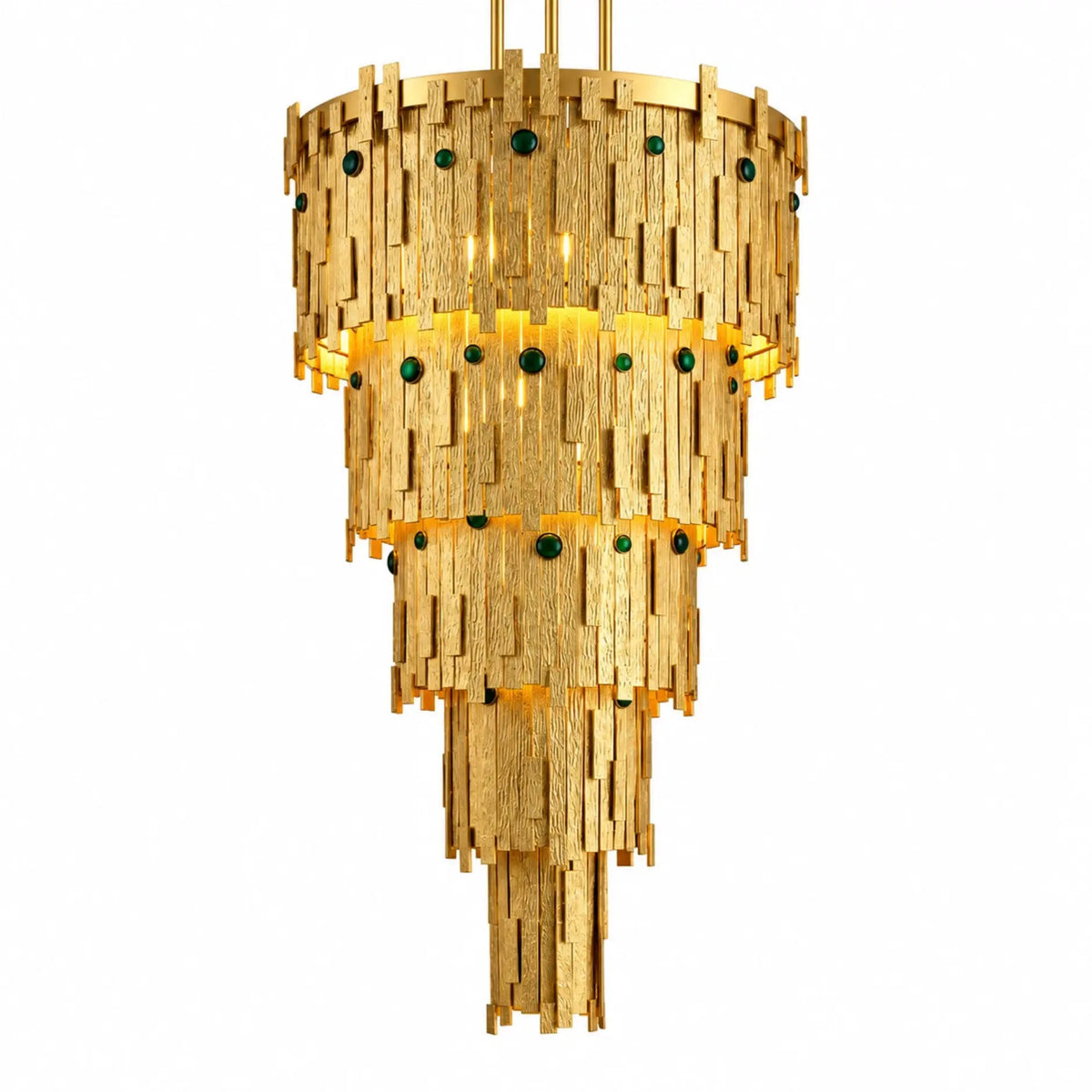 Luxury Gold Casted Strips Chandelier Featuring Cascading Layers and Decorative Green Accents for Modern Interiors | ILLUMEA