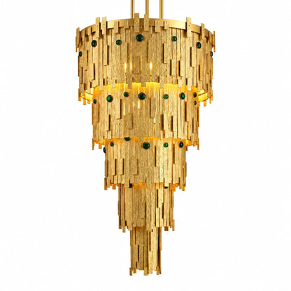 Luxury Gold Casted Strips Chandelier Featuring Cascading Layers and Decorative Green Accents for Modern Interiors | ILLUMEA
