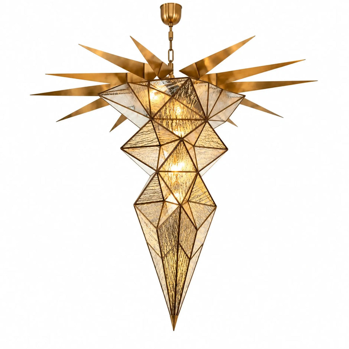 Luxury Gold Starburst Chandelier with Angular Glass Panels and Warm Ambient Lighting for Dining and Living Spaces | ILLUMEA