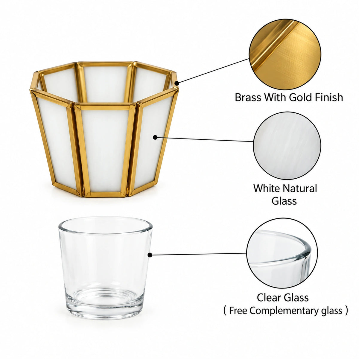Modern White Geometric Candle Lantern – ILLUMEA handcrafted tealight holder with faceted white glass panels and a warm gold brass frame, perfect for table centerpieces and festive décor