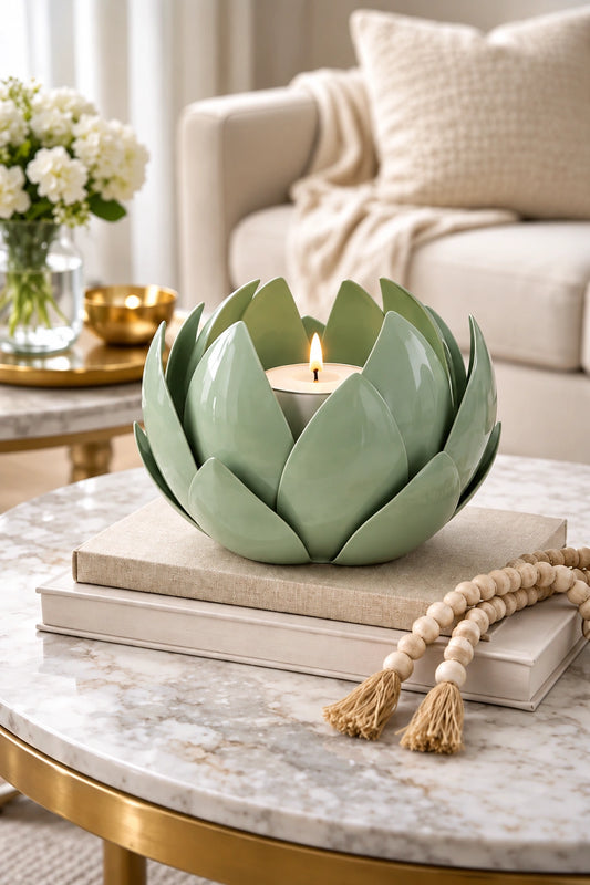 Green Metal Leaf Candle Holder – ILLUMEA luxury decorative candle holder with layered lotus-inspired leaf design for elegant home décor