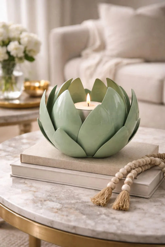 Green Metal Leaf Hurricane Candle