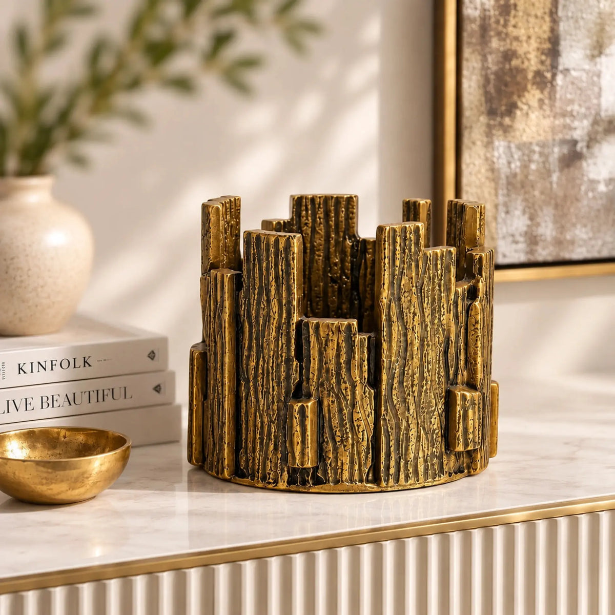 ILLUMEA Casted Strips Votive with textured antique gold finish for luxury home décor