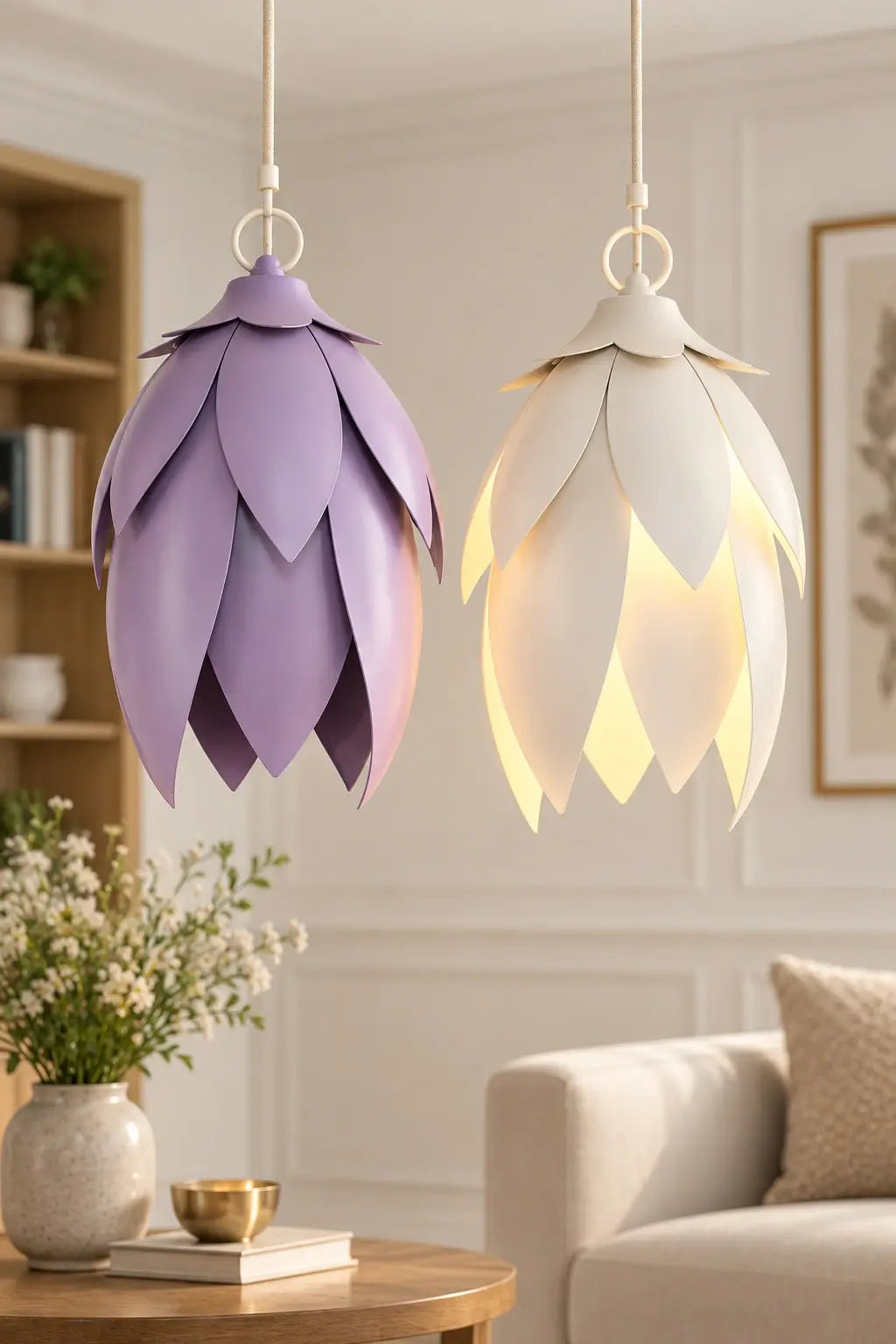 ILLUMEA Hammered Leaf Pendant Light with layered white leaf panels and a sculptural floral design for modern interiors