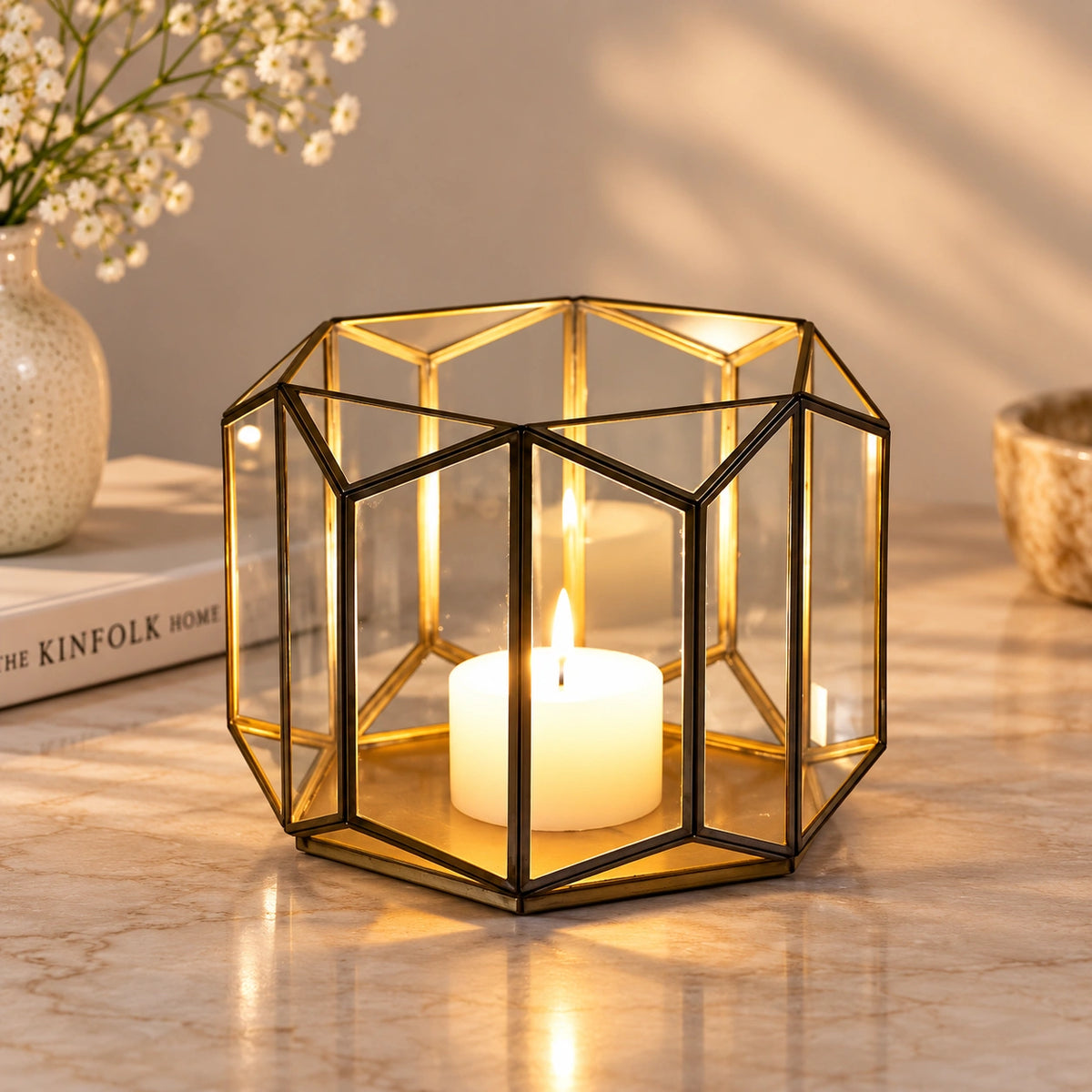 ILLUMEA Hexa Linear Hurricane handcrafted glass candle holder with geometric brass frame