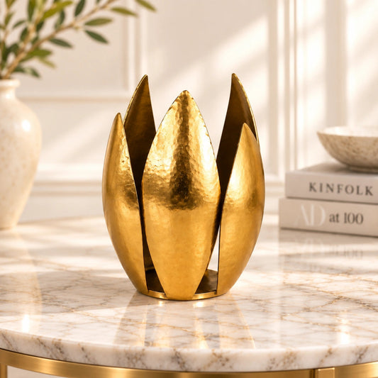 ILLUMEA Lotus Leaf hammered gold tealight holder for luxury home décor
