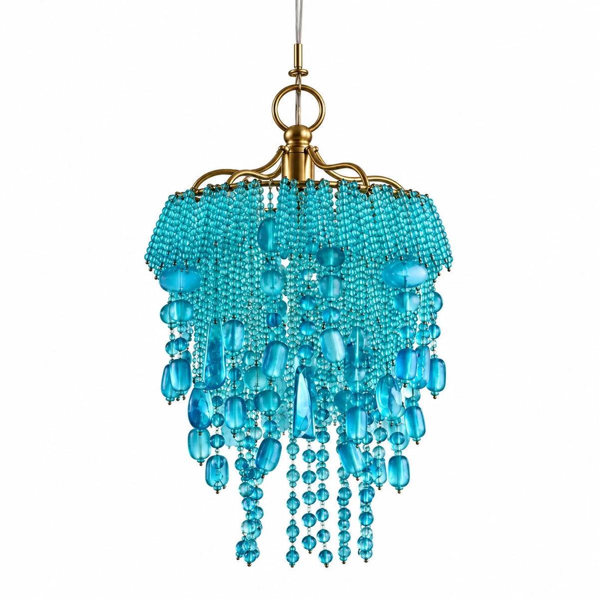 Nora Turquoise Mini Chandelier – ILLUMEA featuring cascading turquoise glass beads and antique gold detailing for elegant luxury interiors.