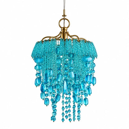 Nora Turquoise Mini Chandelier – ILLUMEA featuring cascading turquoise glass beads and antique gold detailing for elegant luxury interiors.
