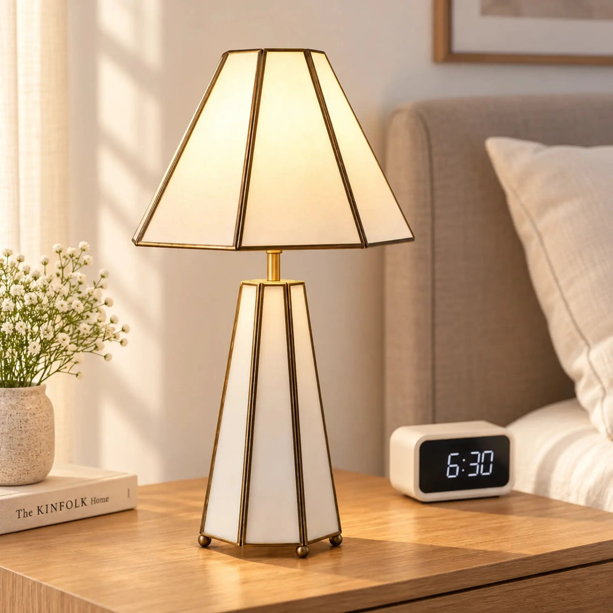 ILLUMEA Octa Cone Table Lamp with a geometric brass frame and cream shade for elegant modern interiors
