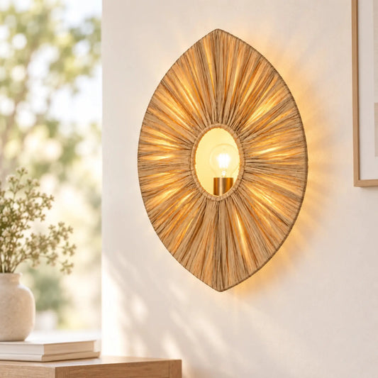 ILLUMEA Rafia Brass Wall Lamp – natural textured wall lighting for elegant home interiors