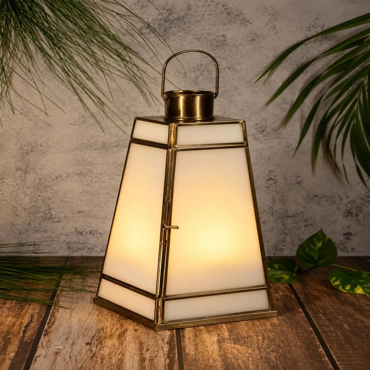 ILLUMEA Taper Lantern White Glass with frosted panels, antique brass detailing and an elegant handle for luxury home décor