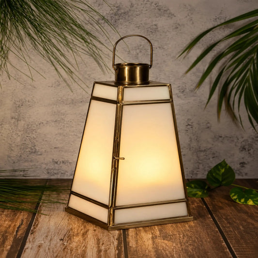 ILLUMEA Taper Lantern White Glass with frosted panels, antique brass detailing and an elegant handle for luxury home décor