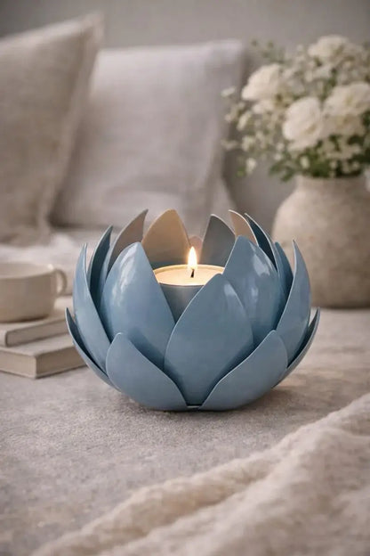 Blue candle holder with a lit candle on a surface, with a vase of flowers in the background.