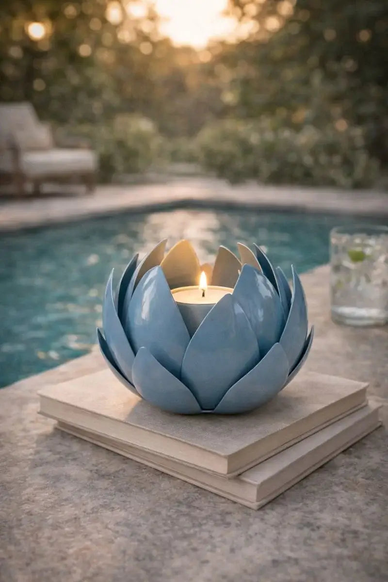Blue ceramic lotus flower candle holder with a lit candle on a stone surface by a pool.