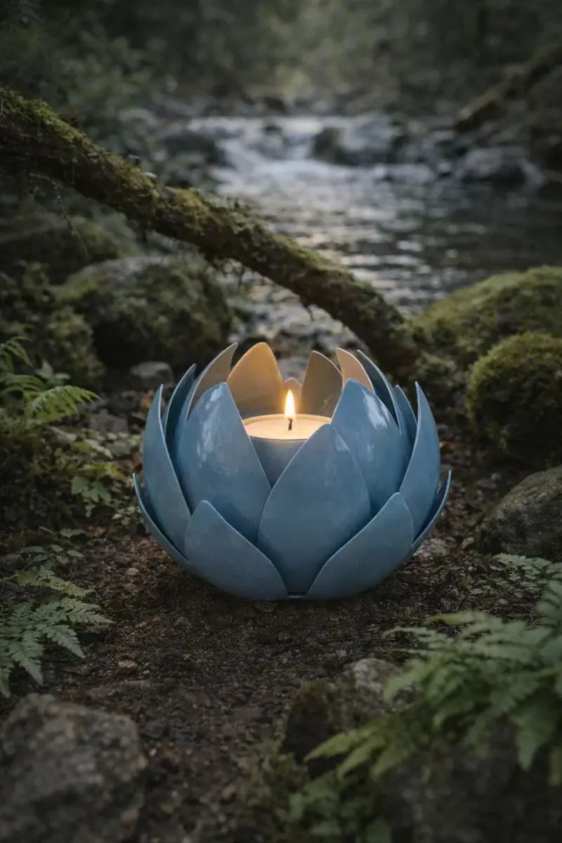 Blue lotus-shaped candle holder with a lit candle in a forest setting