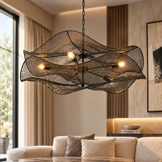 Iron Mesh 5 Lights Chandelier – ILLUMEA modern decorative ceiling light featuring sculptural layered mesh shades and five lights for elegant interiors