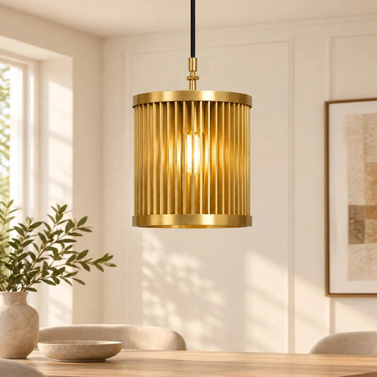 Iron Strips Gold Pendant Light with Vertical Metal Slats and Cylindrical Shade for Modern Interiors | ILLUMEA