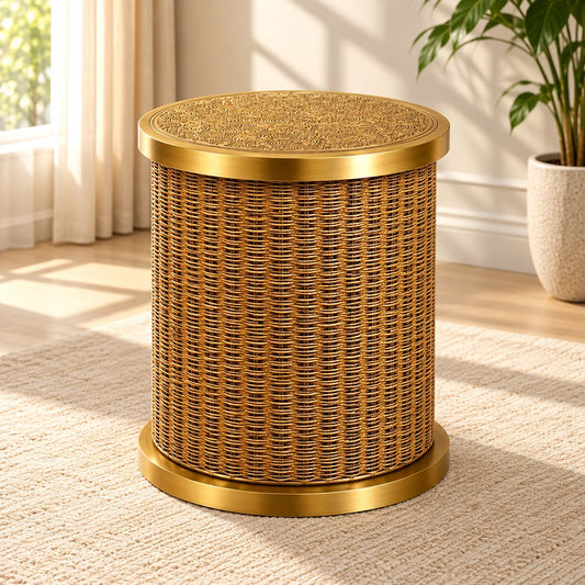 Jute Rattan Side Table with a cylindrical woven body and elegant brass-finished top and base for stylish home décor – ILLUMEA