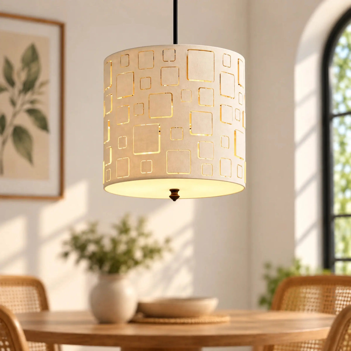 Laser Cut Pendant Lamp with Geometric Square Cutout Pattern and Warm Ambient Glow for Modern Home Décor | ILLUMEA
