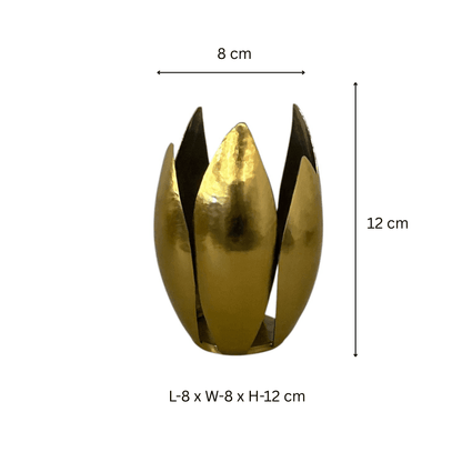 Gold-tone Lotus Leaf Hammered Tealight Holder with textured surface and reflective finish