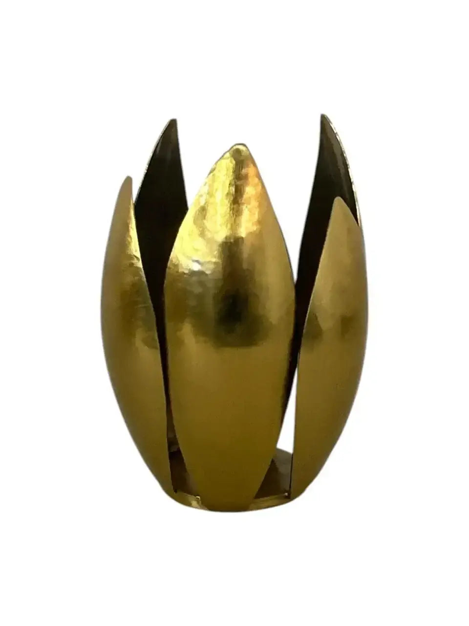 Gold-tone Lotus Leaf Hammered Tealight Holder with textured metal design and glowing tealight candle