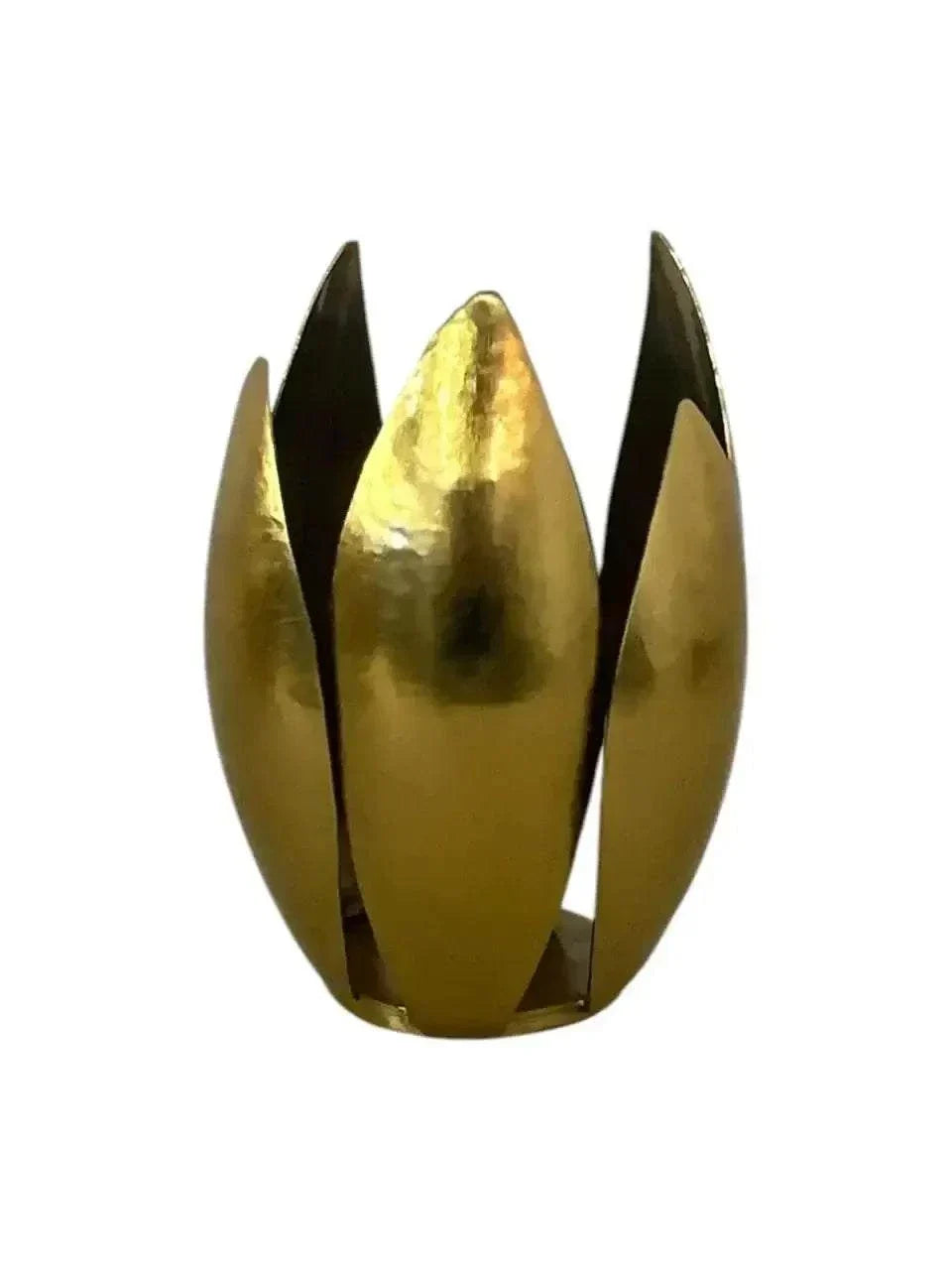 Gold-tone Lotus Leaf Hammered Tealight Holder with textured metal design and glowing tealight candle