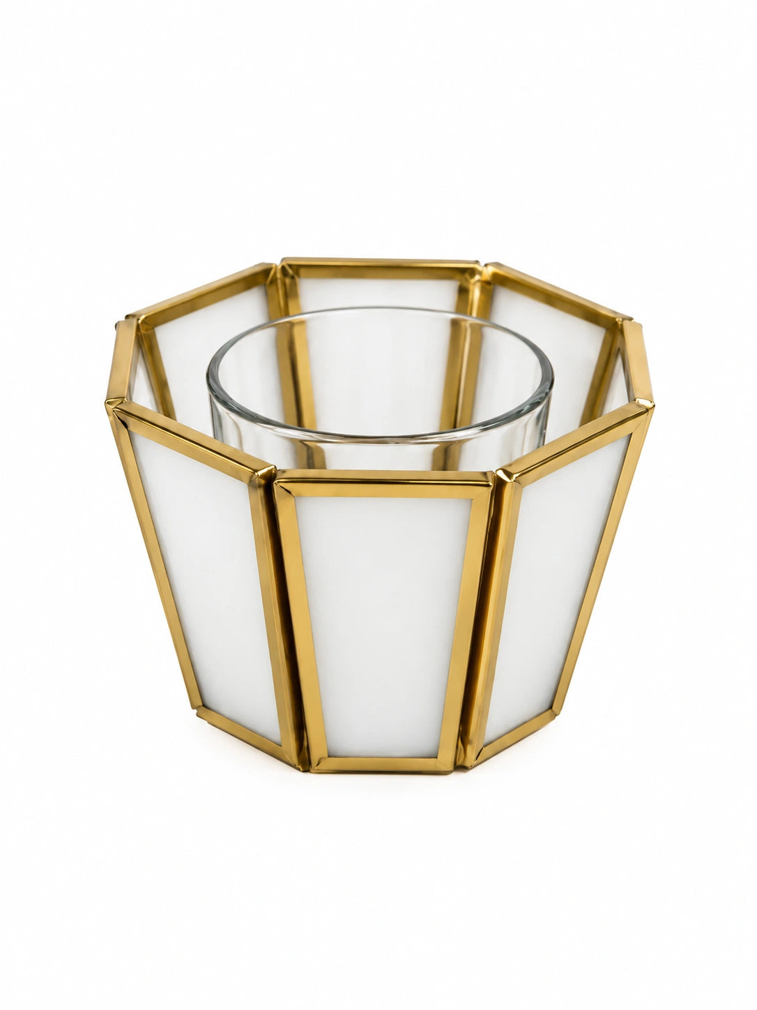 White Natural Glass Tealight Candle Holder – ILLUMEA elegant geometric candle holder featuring gold-finished brass strips and frosted glass panels, ideal for dining tables and modern interiors
