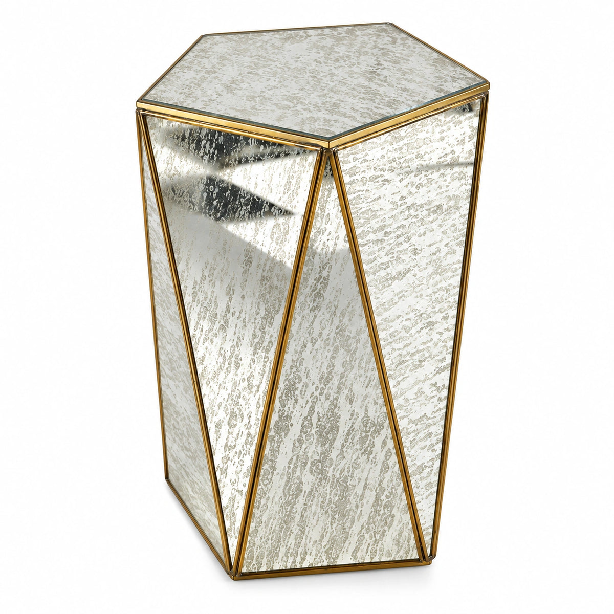 Luxury Tapered Pentagon Stool – ILLUMEA designer accent furniture with textured antique mirror panels, reflective silver finish and refined gold trim for sophisticated modern interiors