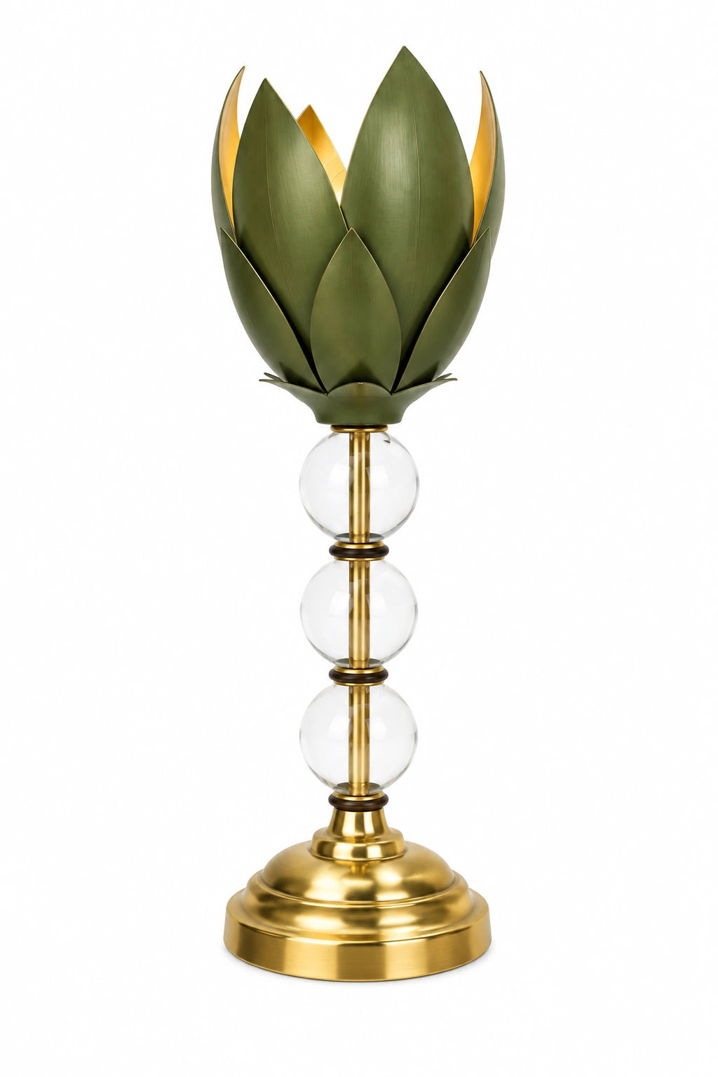 Decorative hammered metal leaf table lamp by ILLUMEA featuring layered green leaves, glass sphere accents and brass detailing