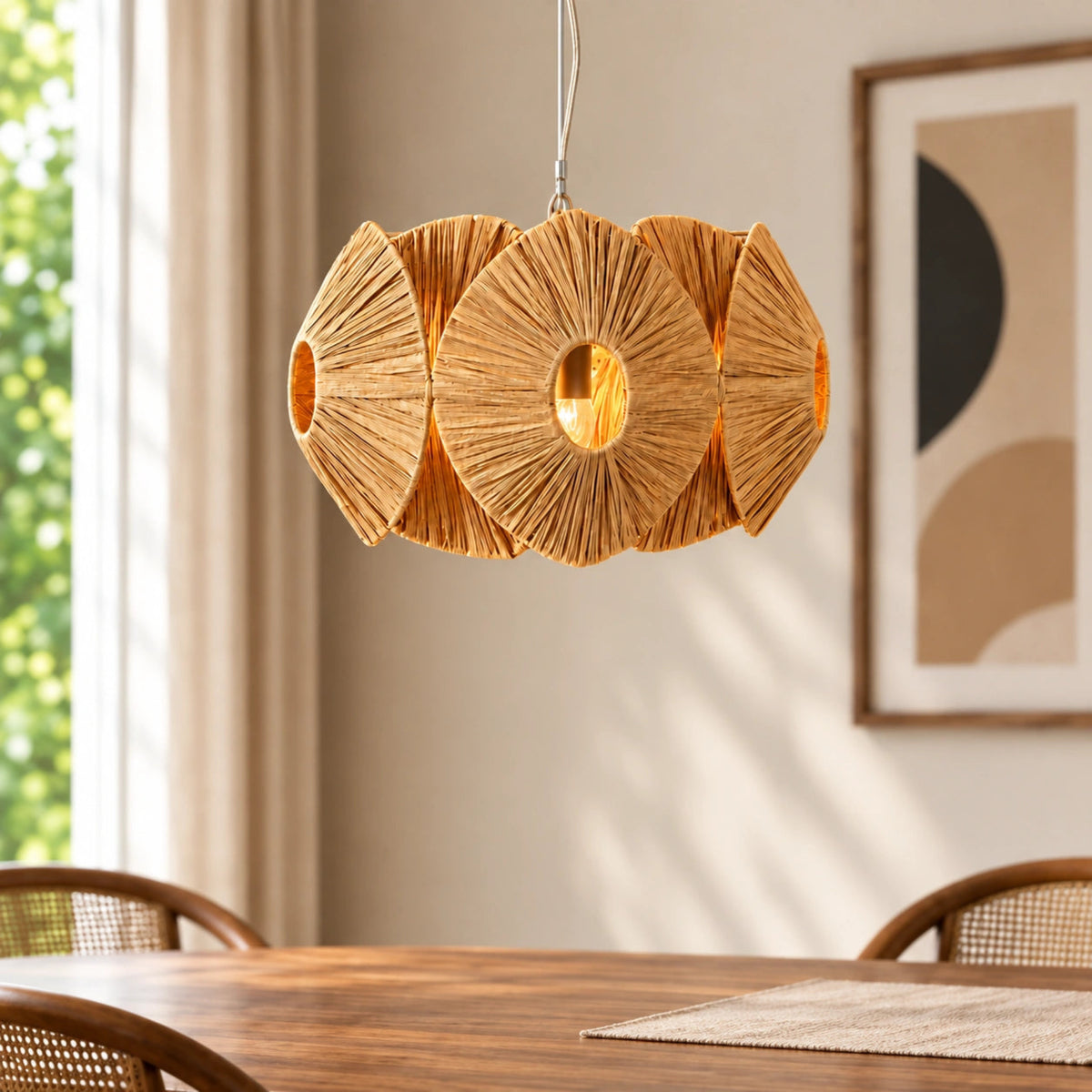 Natural raffia six light pendant chandelier for dining areas, living spaces and premium home décor