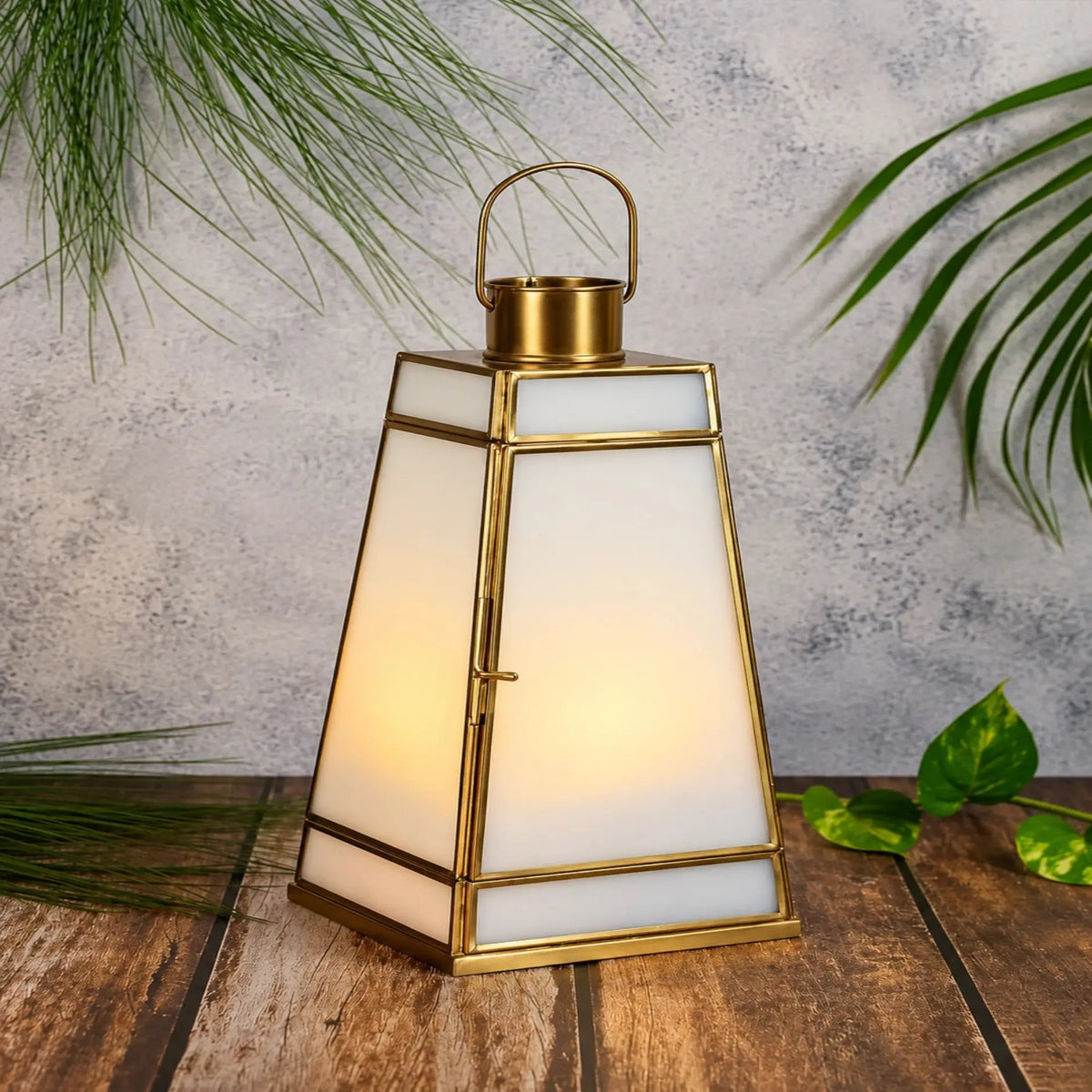 Luxury antique brass taper lantern with white frosted glass panels by ILLUMEA for living rooms, entryways, dining spaces and bedrooms