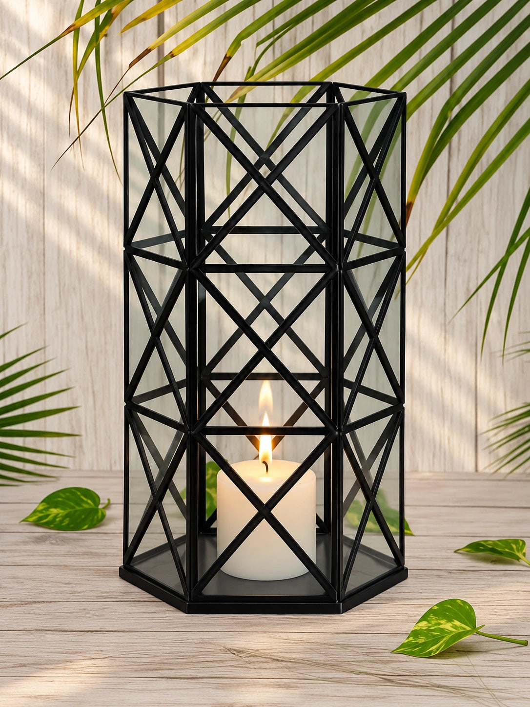 Tall black geometric candle holder stand for dining table console and living room décor