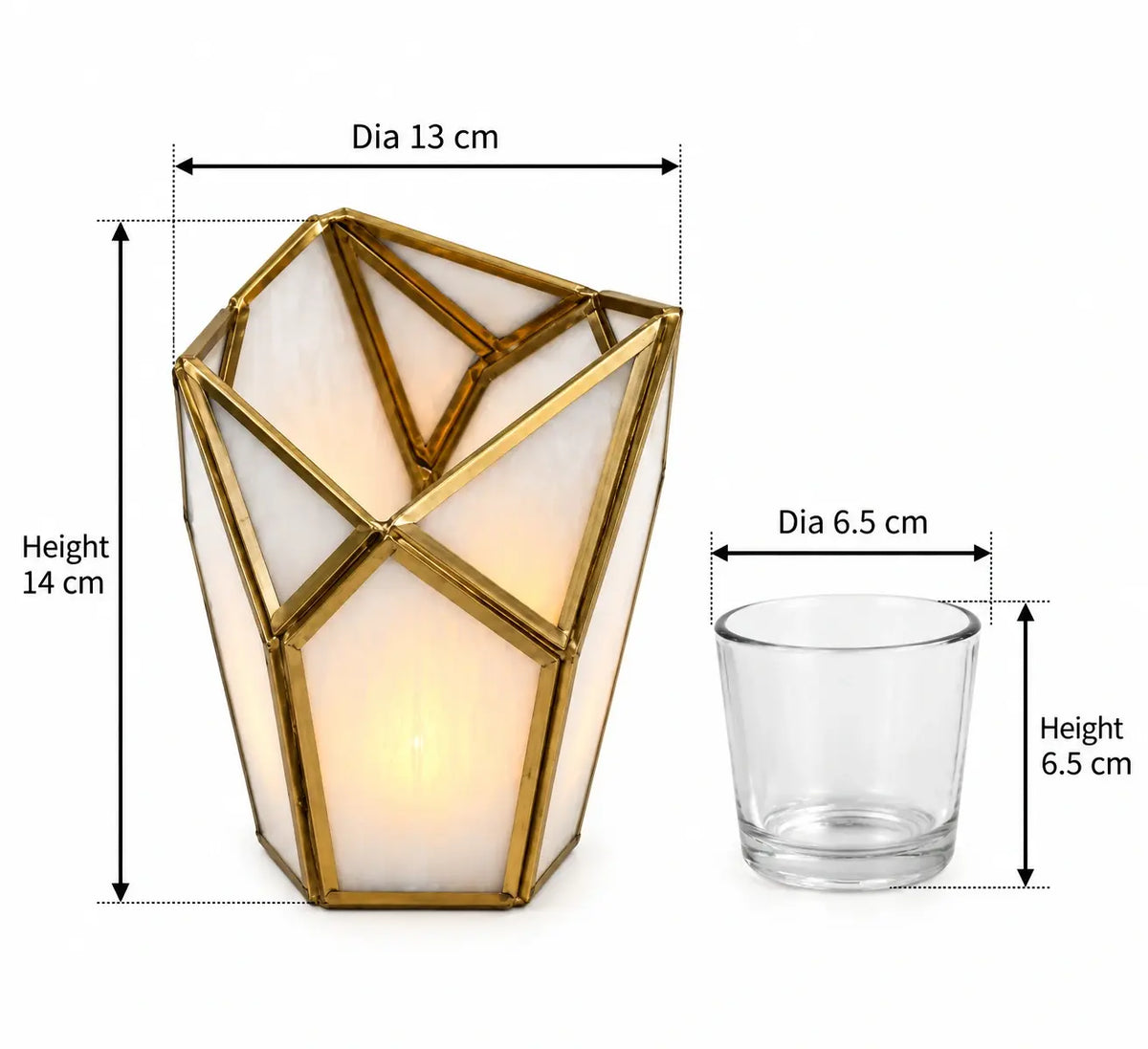 Geometric Tealight Candle Holder – ILLUMEA luxury home décor accent with translucent white glass, geometric brass framework and sculptural faceted design for contemporary interiors