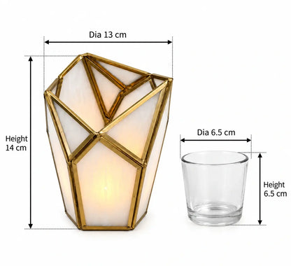 Geometric Tealight Candle Holder – ILLUMEA luxury home décor accent with translucent white glass, geometric brass framework and sculptural faceted design for contemporary interiors