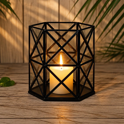 Tall geometric candle lantern with crisscross metal design for living room and dining table