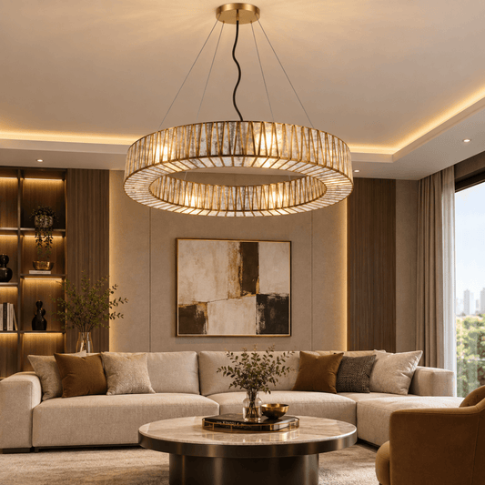 Modern Taper Ring Chandelier with Brass Finish and Glass Panels – ILLUMEA