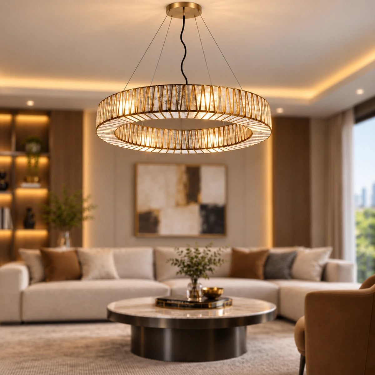 Modern Taper Ring Chandelier with Gold Metal Frame and Textured Glass Panels for Luxury Interiors – ILLUMEA