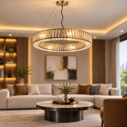 Modern Taper Ring Chandelier with Gold Metal Frame and Textured Glass Panels for Luxury Interiors – ILLUMEA