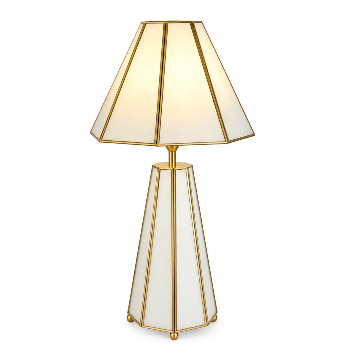 Luxury Octa Cone table lamp by ILLUMEA featuring a tapered geometric base, cream panels and brass detailing