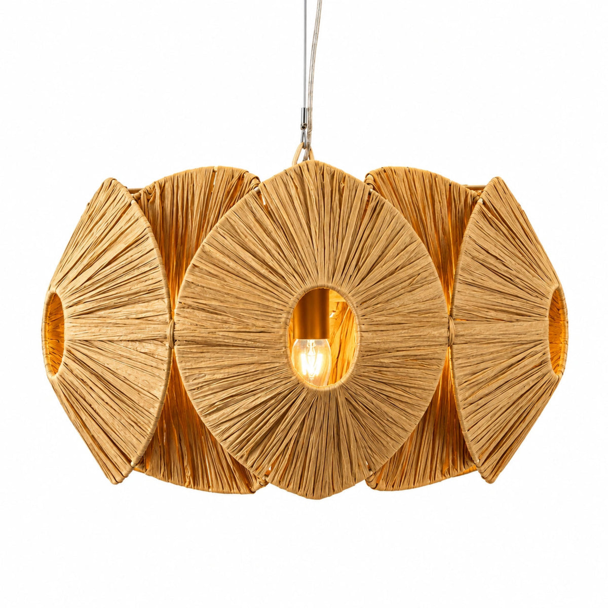 Designer 6 light raffia chandelier featuring textured natural fiber panels for elegant interiors
